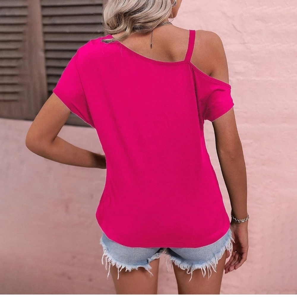 Off The Shoulder Tops for Women Summer Sexy Chain Strap Batwing Sleeve Tee - Picture 3 of 14